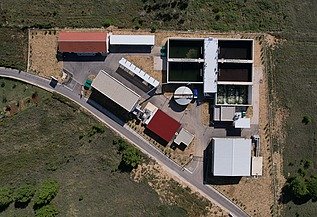 Draufsicht auf eine Kläranlage mit mehreren rechteckigen Klärbecken, einem runden Klärbecken und mehreren Gebäuden mit roten und weißen Dächern, umgeben von grünen Feldern und Zufahrtsstraßen.