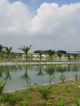 Water treatment facility with landscaped pond and palm trees under a partly cloudy sky.