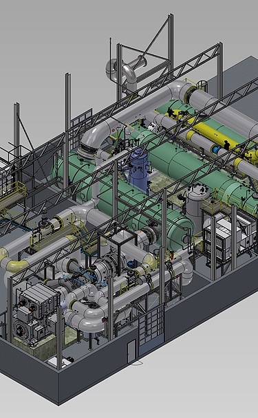 3D-Modell einer Industrieanlage mit Rohren, Tanks und Maschinen, die in einem großen rechteckigen Gebäude angeordnet sind.