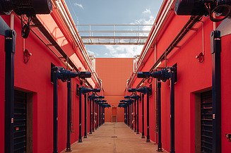 Symmetrischer Korridor mit leuchtend roten Wänden und blauen mechanischen Einheiten. Dieser spezialisierte Industrieraum verfügt über eine hohe Decke mit einem Gehweg und ist für automatisierte technische Prozesse ausgelegt.