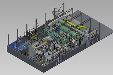 3D model of an industrial facility with pipes, tanks, and machinery arranged inside a large rectangular building.